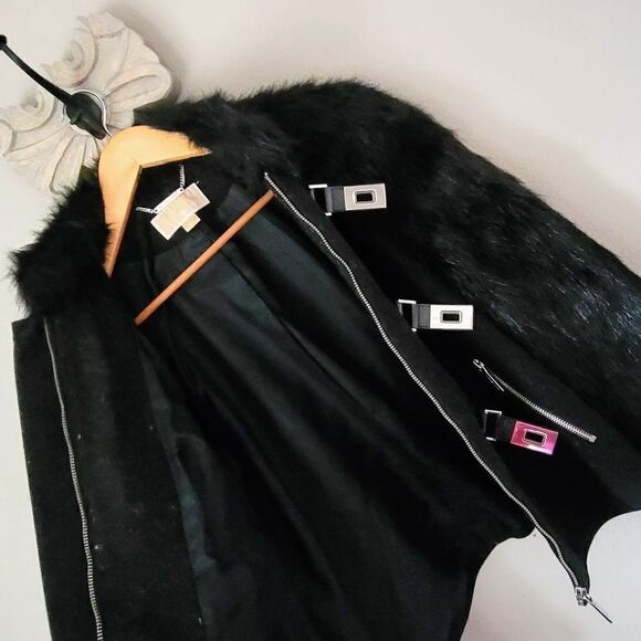 Michael Kors Yeti Faux Rabbit Fur Sleeve & Wool Moto Turnlock Jacket in Black - Picture 9 of 16